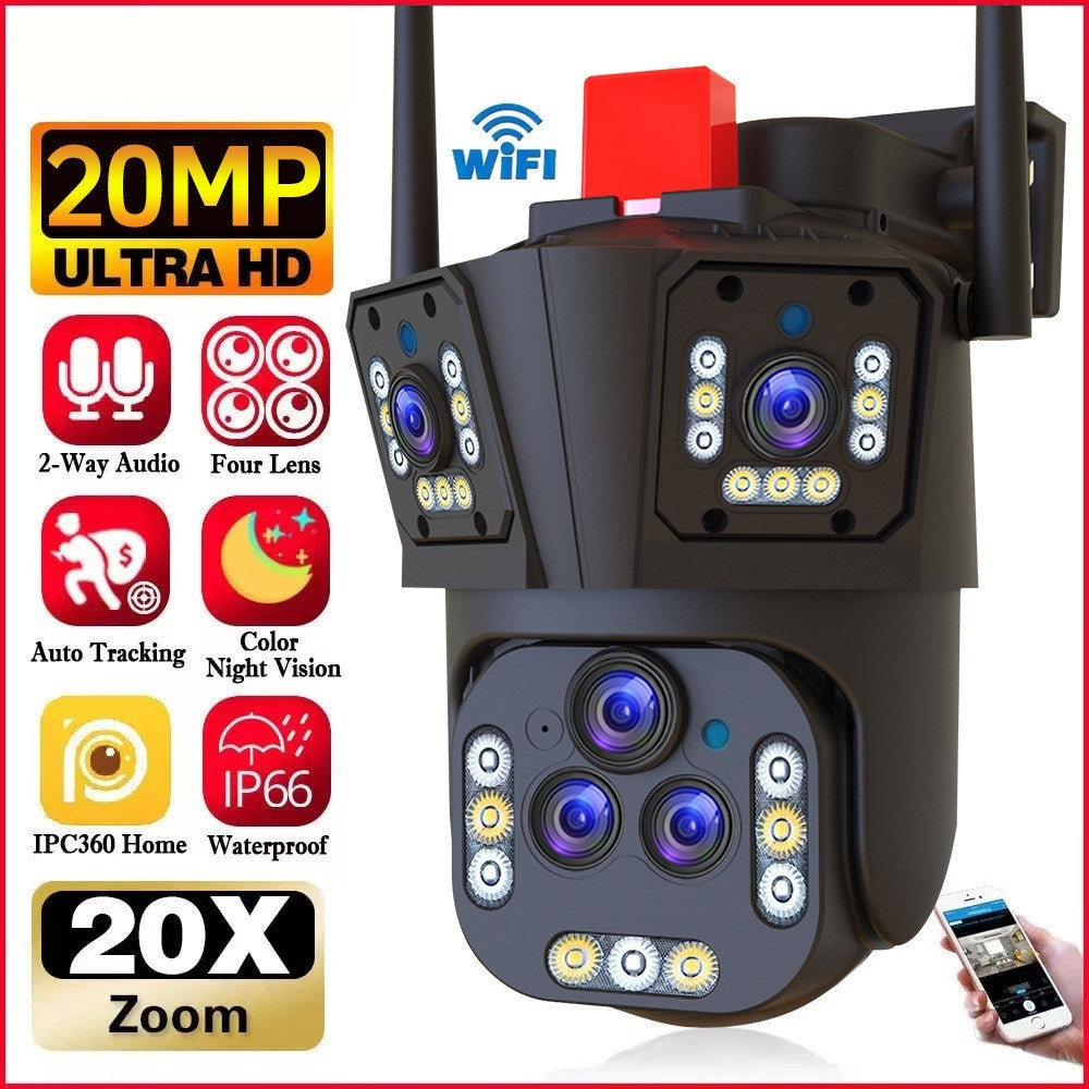 Three-Screen Outdoor Surveillance Camera | 20x Zoom, WiFi, IP66 Waterproof, Night Vision & Two-Way Audio