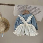 Infant Plaid Long Sleeve Romper & Sling Overskirt Set Cotton Baby Girl Outfit Single-Breasted Design