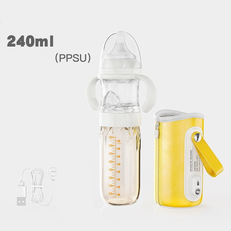USB Heated Baby Feeding Bottle Constant Temperature Glass & PPSU Bottle Thermal Insulation, Quick Flush, Wide Caliber Bottle