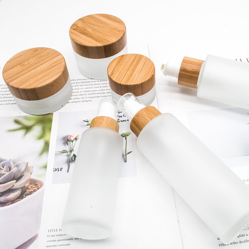 Small Glass Cosmetic Sample Bottles Frosted Refillable Mini Jars Bamboo Lid Cream Containers