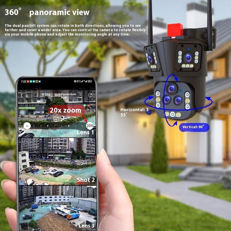 Three-Screen Outdoor Surveillance Camera | 20x Zoom, WiFi, IP66 Waterproof, Night Vision & Two-Way Audio