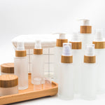 Small Glass Cosmetic Sample Bottles Frosted Refillable Mini Jars Bamboo Lid Cream Containers