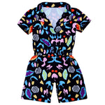 Girls' Short-Sleeve Cartoon Print Cotton Jumpsuit Black One-Piece Outfit for Summer & Casual Style