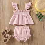 Girls Solid Color Sling Top & Shorts Set Summer Cotton Outfit Toddler & Kids Two-Piece Suit
