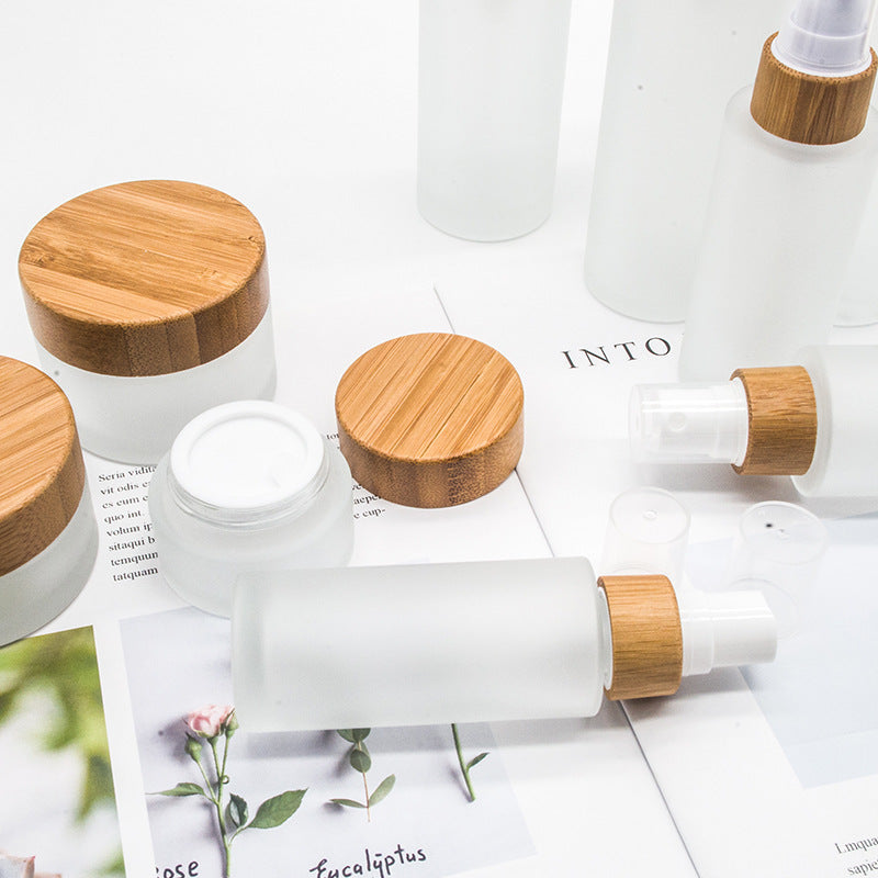 Small Glass Cosmetic Sample Bottles Frosted Refillable Mini Jars Bamboo Lid Cream Containers