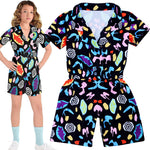 Girls' Short-Sleeve Cartoon Print Cotton Jumpsuit Black One-Piece Outfit for Summer & Casual Style