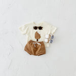 Girls’ Cotton Ice Cream Patch Summer Set Short Sleeve Shirt & Shorts Cute Korean Style Outfit