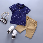 Korean Style Anchor Print Toddler Pants Set  95% Cotton Short-Sleeve Outfit for Spring & Summer