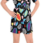 Girls' Short-Sleeve Cartoon Print Cotton Jumpsuit Black One-Piece Outfit for Summer & Casual Style