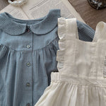 Infant Plaid Long Sleeve Romper & Sling Overskirt Set Cotton Baby Girl Outfit Single-Breasted Design