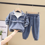 Boys' Korean Style Denim Spring Clothing Set 2-Piece Long-Sleeve Cotton Blend Fashion Outfit