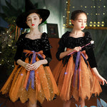 Girls' Deluxe Halloween Witch Costume Set Dress, Hat, Magic Stick & FREE Lighting Chain