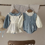 Infant Plaid Long Sleeve Romper & Sling Overskirt Set Cotton Baby Girl Outfit Single-Breasted Design