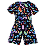 Girls' Short-Sleeve Cartoon Print Cotton Jumpsuit Black One-Piece Outfit for Summer & Casual Style