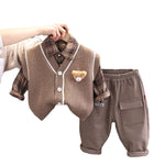 Kids' Korean Knitted 3-Piece Set: Sweater Vest, Long-Sleeve Top & Trousers Cartoon Cotton Style